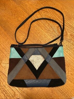Jasper & Jeera Anthro Geometric Patchwork Crossbody Bag in Brown, Teal and Navy